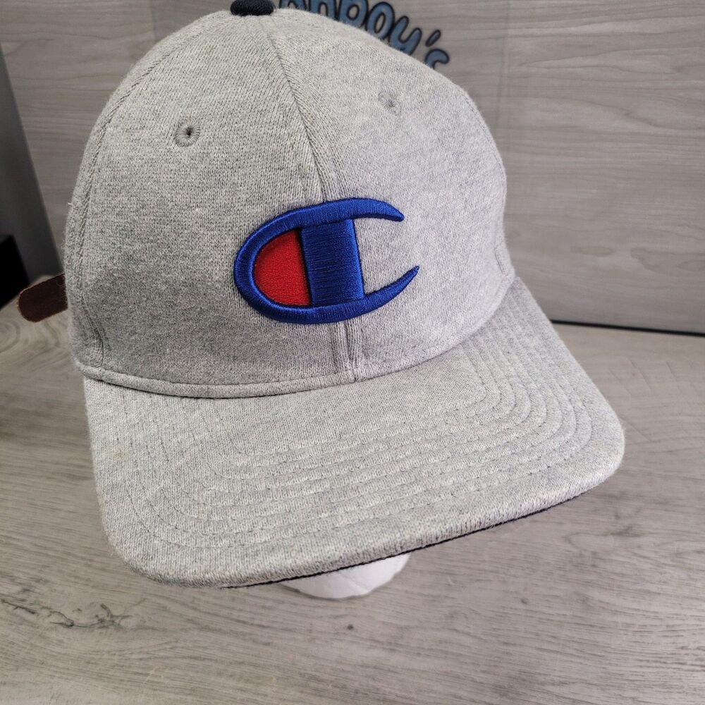 Champion Hat Gray Logo Leather Strap Adjustable Reverse Weave VGC Embroidered